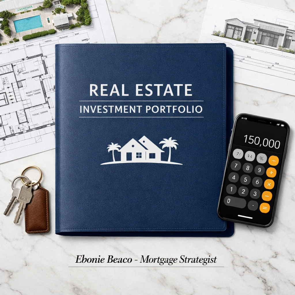 Real estate investment folder and calculator showing 150,000 available in home equity funds.