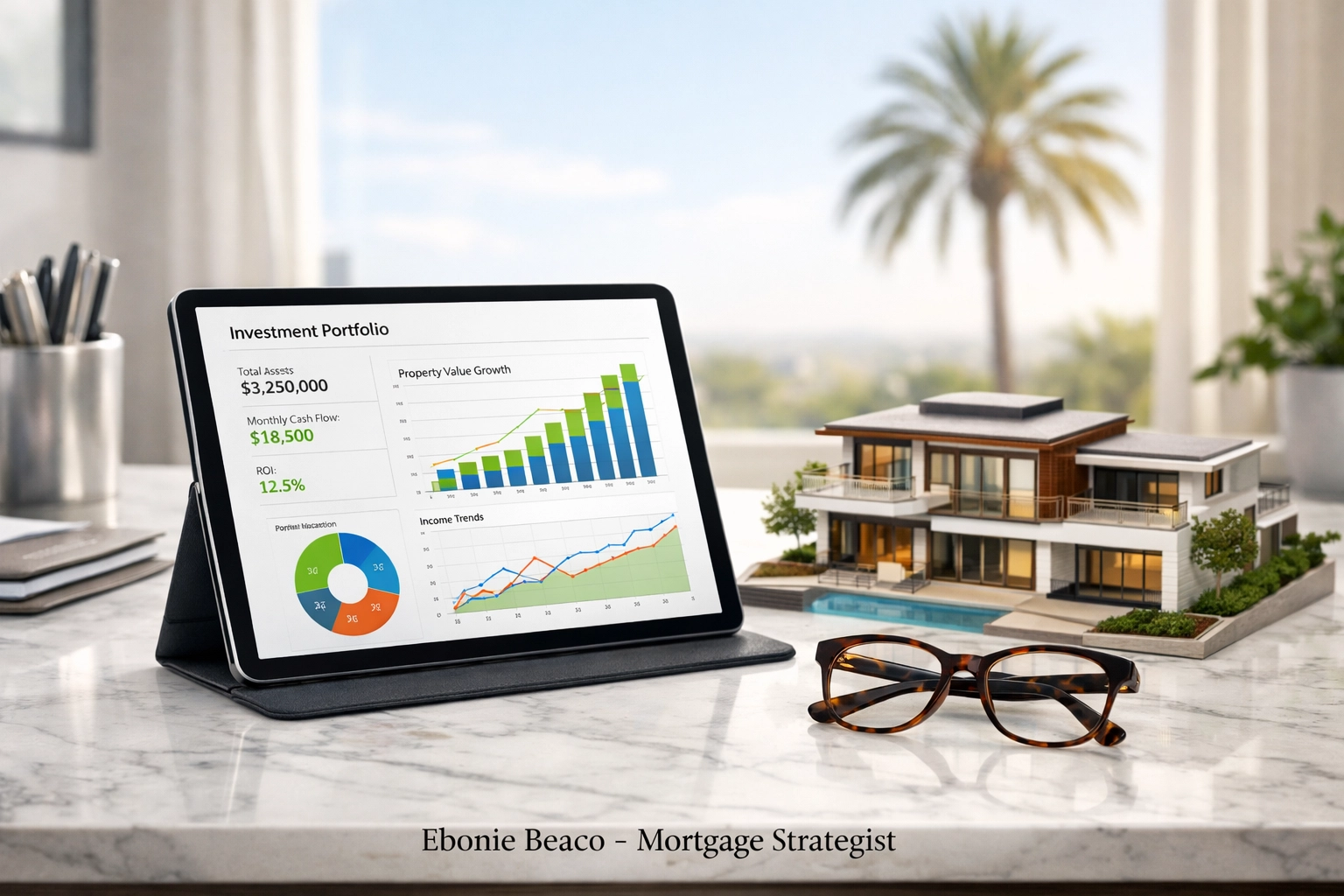 Financial dashboard and house model for analyzing wholesale real estate deal structures and assignment fees in California.