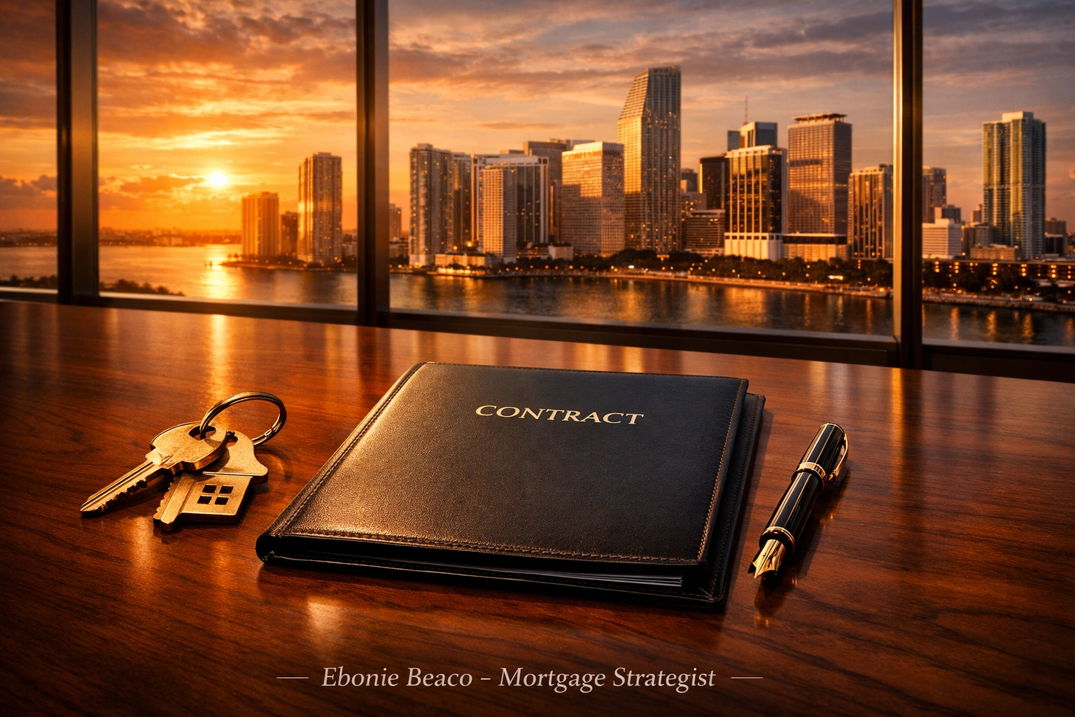 House keys and wholesale real estate contracts on a desk for a successful property closing in Miami, Florida.