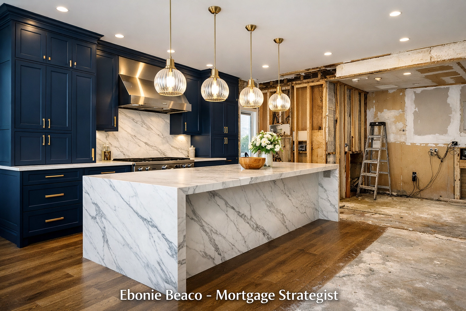 Modern kitchen renovation with navy cabinetry and marble island financed through a home equity line of credit.