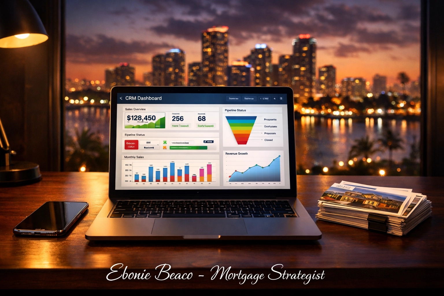 A professional CRM dashboard on a laptop used for scaling real estate wholesale lead generation and marketing.
