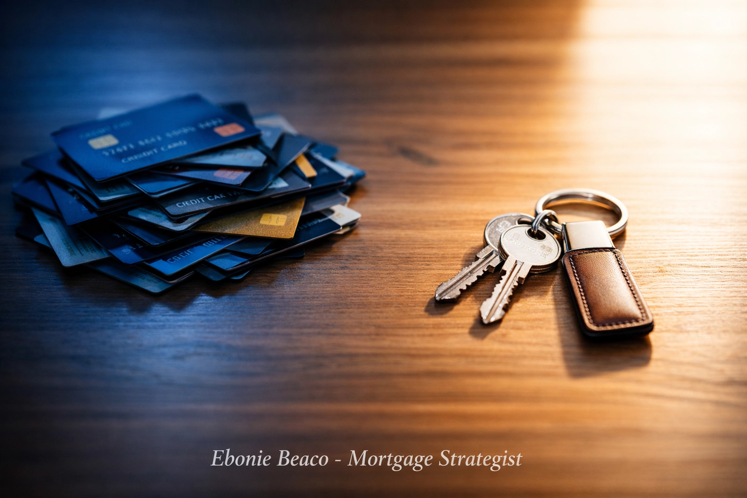 House keys on a sunlit desk next to credit cards representing HELOC debt consolidation.
