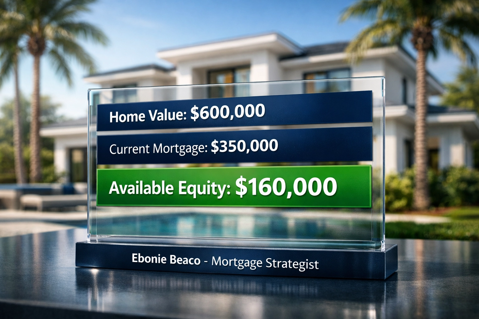 Florida HELOC calculation showing $160,000 in available home equity for a property valued at $600,000.