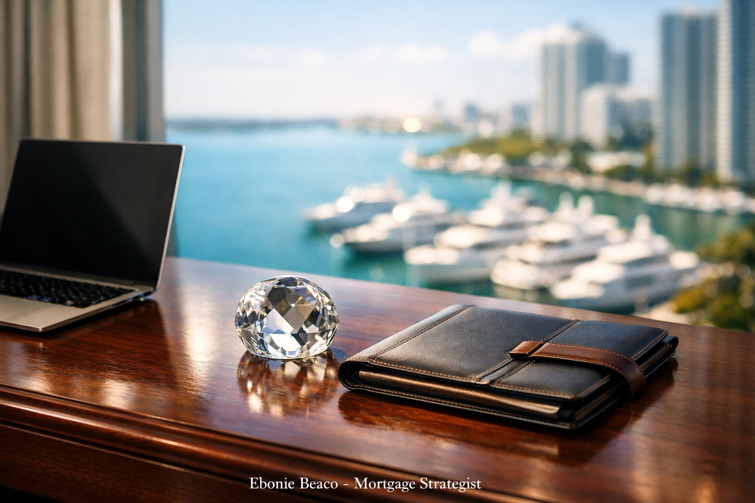 Miami office view overlooking Biscayne Bay representing luxury real estate financial planning.