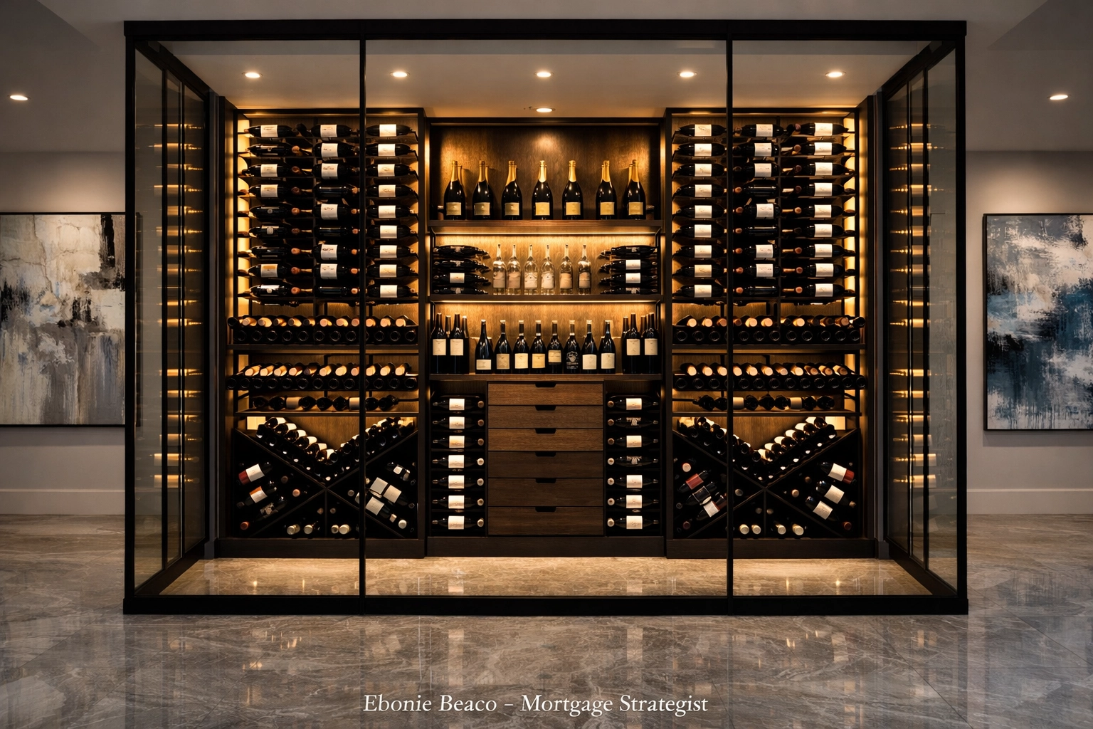 Custom glass wine cellar in a luxury California home requiring specialized jumbo loan appraisals.