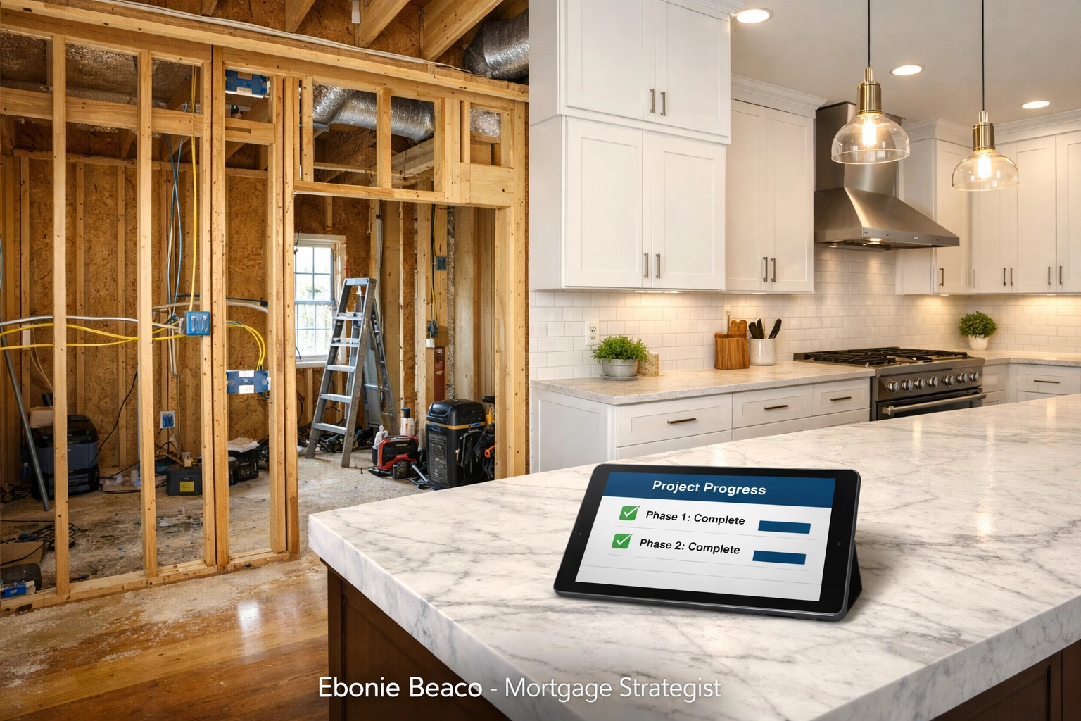 Modern kitchen renovation progress chart showing draw schedule milestones for fix and flip financing.