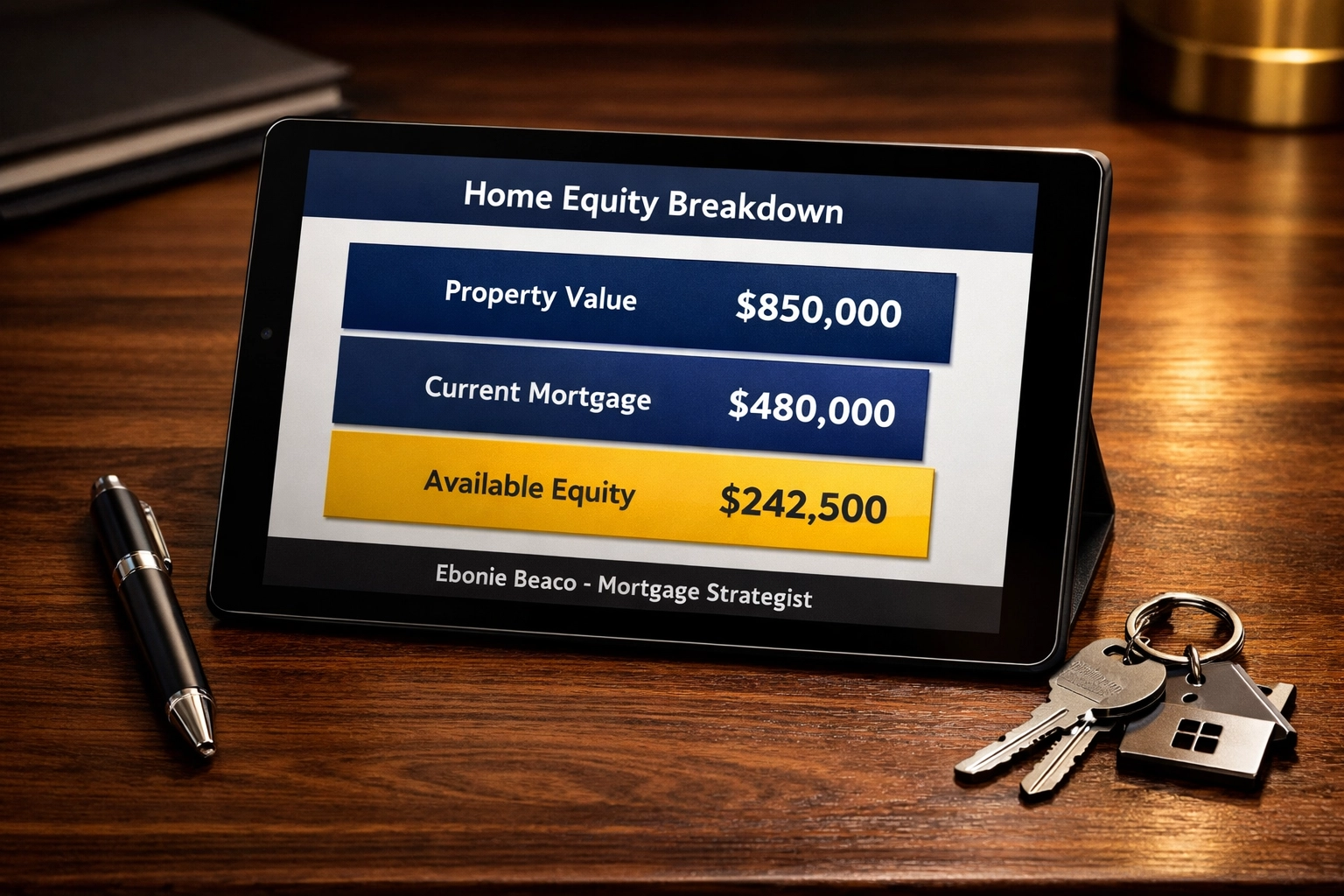 Infographic showing a home equity breakdown and available credit line funds on a digital tablet for financial planning.