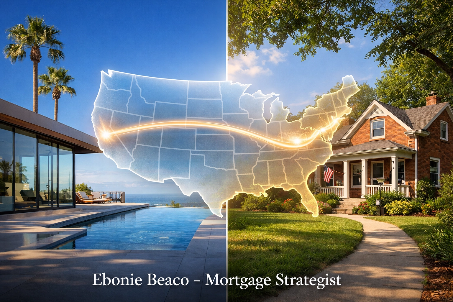 A modern California home and a suburban rental property connected by a map illustrating real estate equity investment.