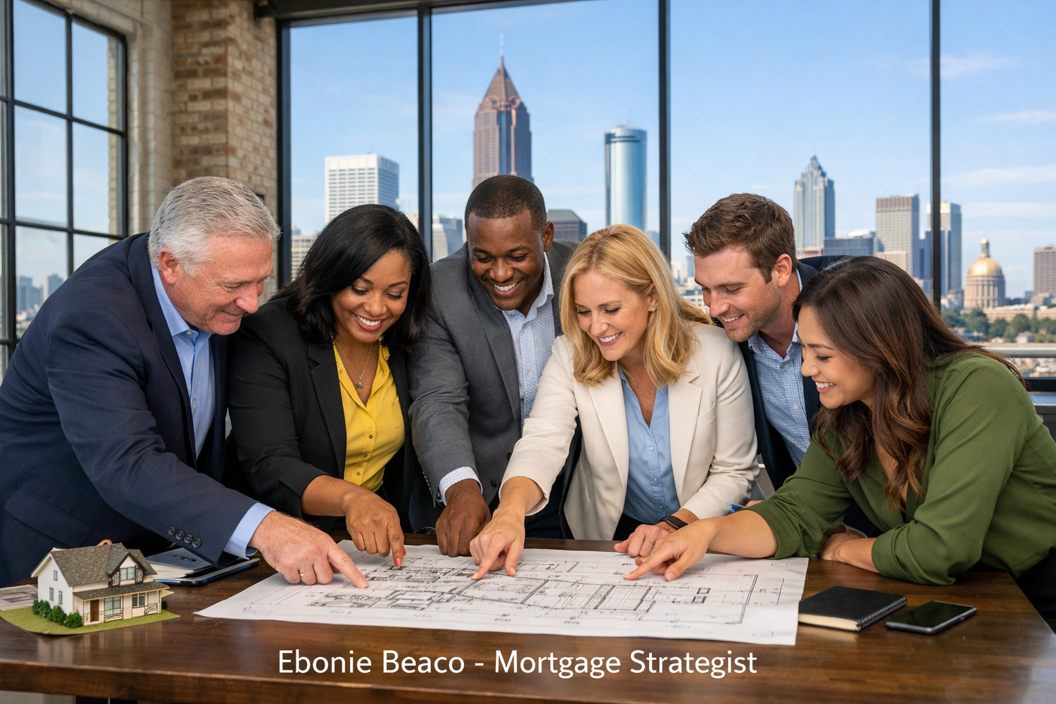 Atlanta real estate investors and professionals networking in an office with city skyline views.