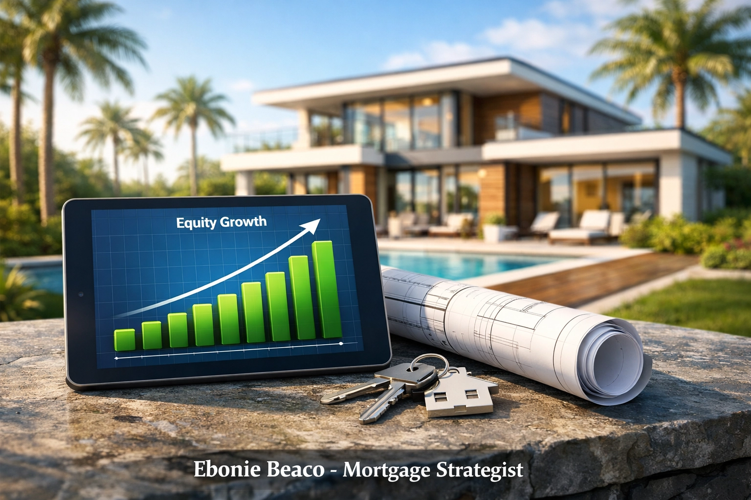 Financial growth chart and house keys illustrating real estate investment equity for Florida properties.