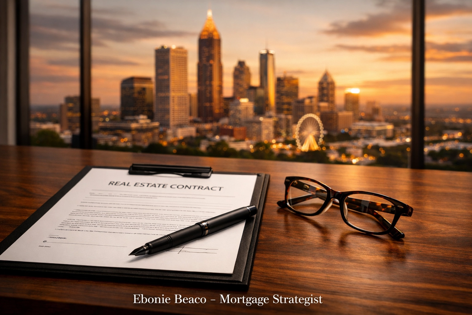 Real estate wholesale contract on a desk overlooking the Atlanta skyline for a successful deal closing.