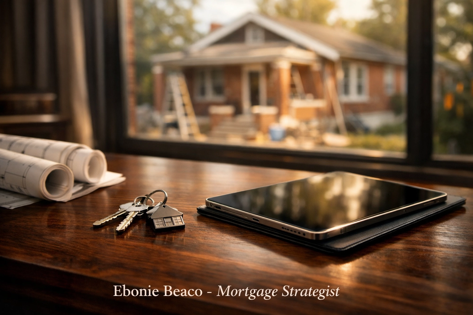 Property blueprints and keys representing real estate investment strategies using equity for renovations.