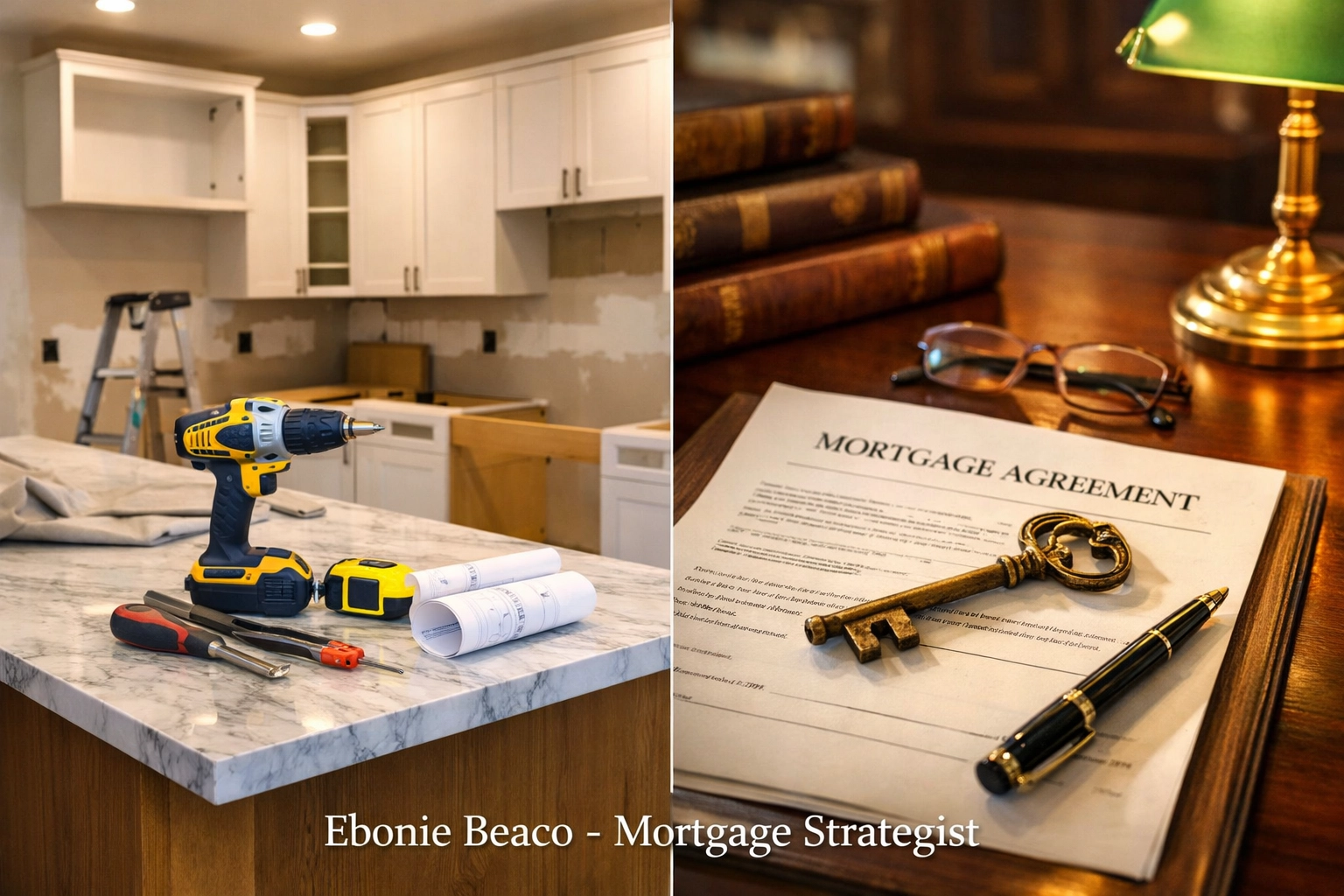 Split screen of a kitchen renovation and mortgage contract comparing Kentucky HELOC flexibility vs refinancing.