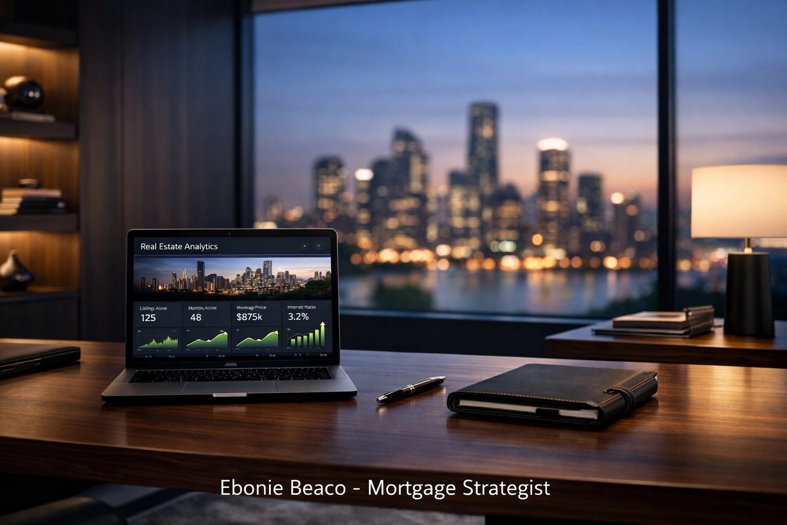 Modern office showing real estate growth charts for scaling a professional real estate wholesale business.