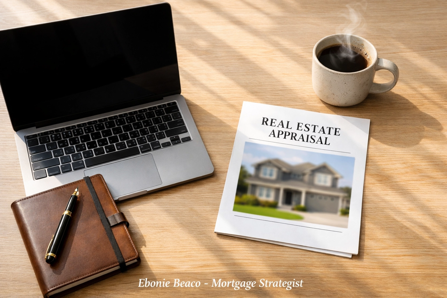 An organized home office desk with a real estate appraisal document for a HELOC loan application.