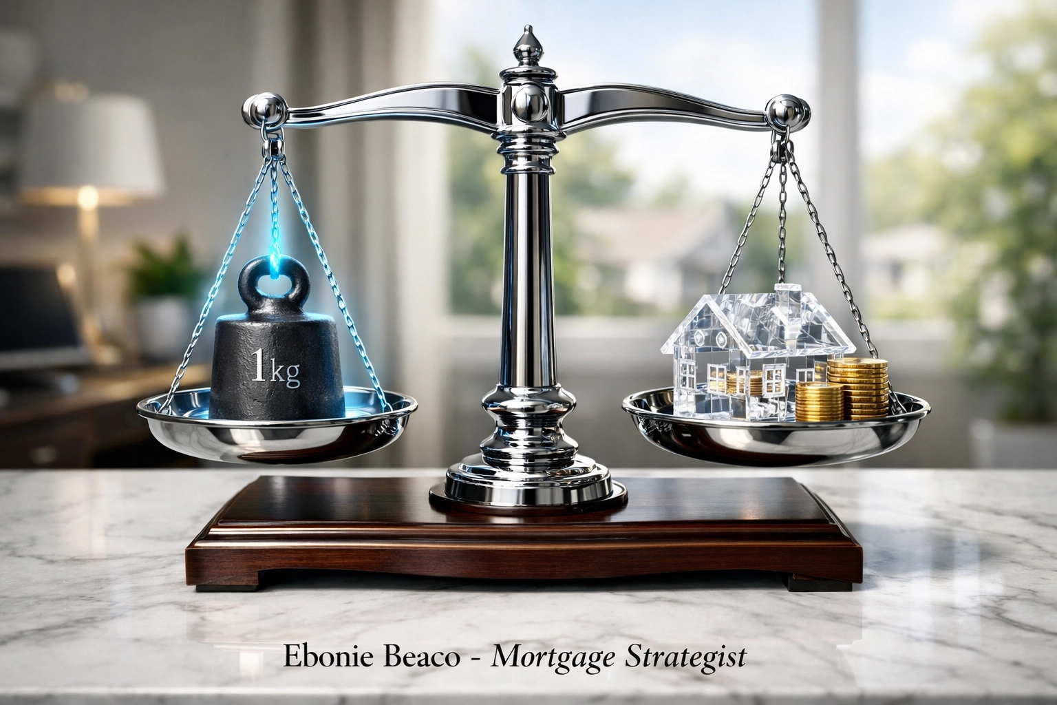 A scale balancing a house and gold coins to illustrate debt consolidation math and home equity.