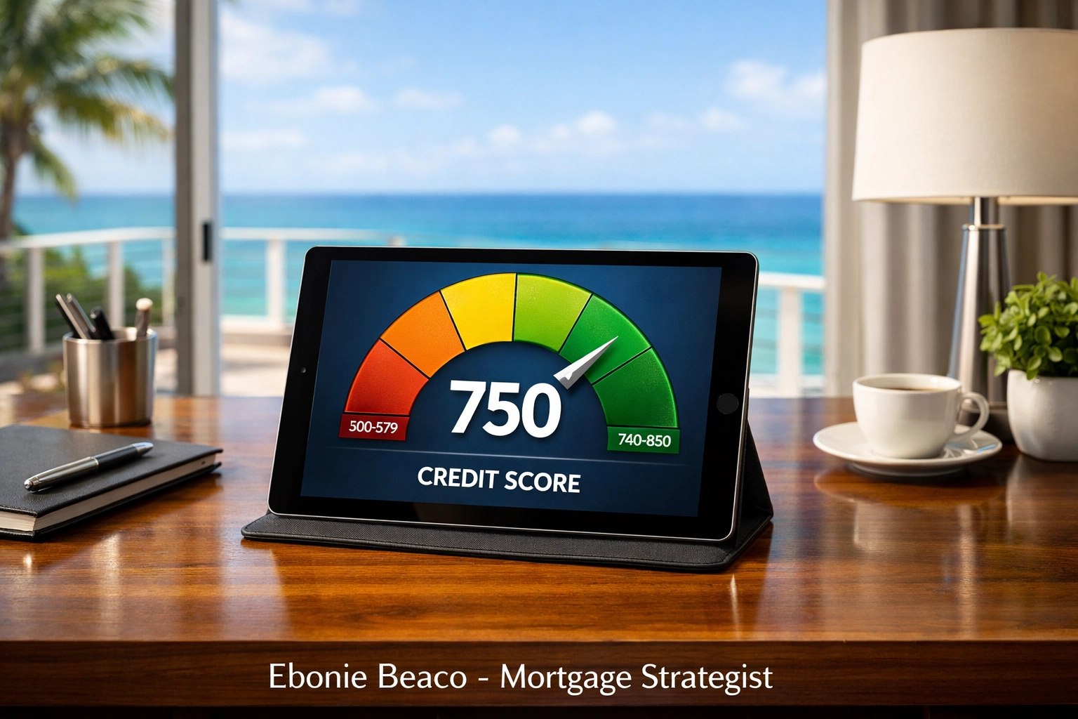 Digital tablet showing a 750 credit score for a fast Florida HELOC approval in a coastal home office.
