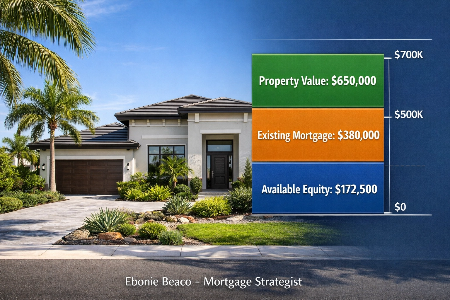 Calculation showing $172,500 in available home equity for a $650,000 Florida home and HELOC strategy.