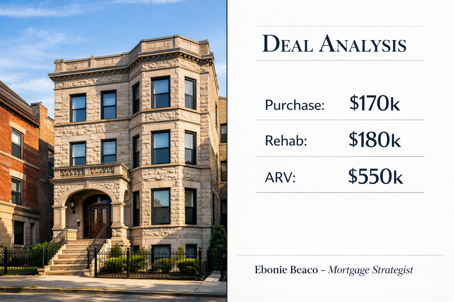 Financial analysis of a Chicago Greystone fix and flip project showing renovation costs and projected profit.