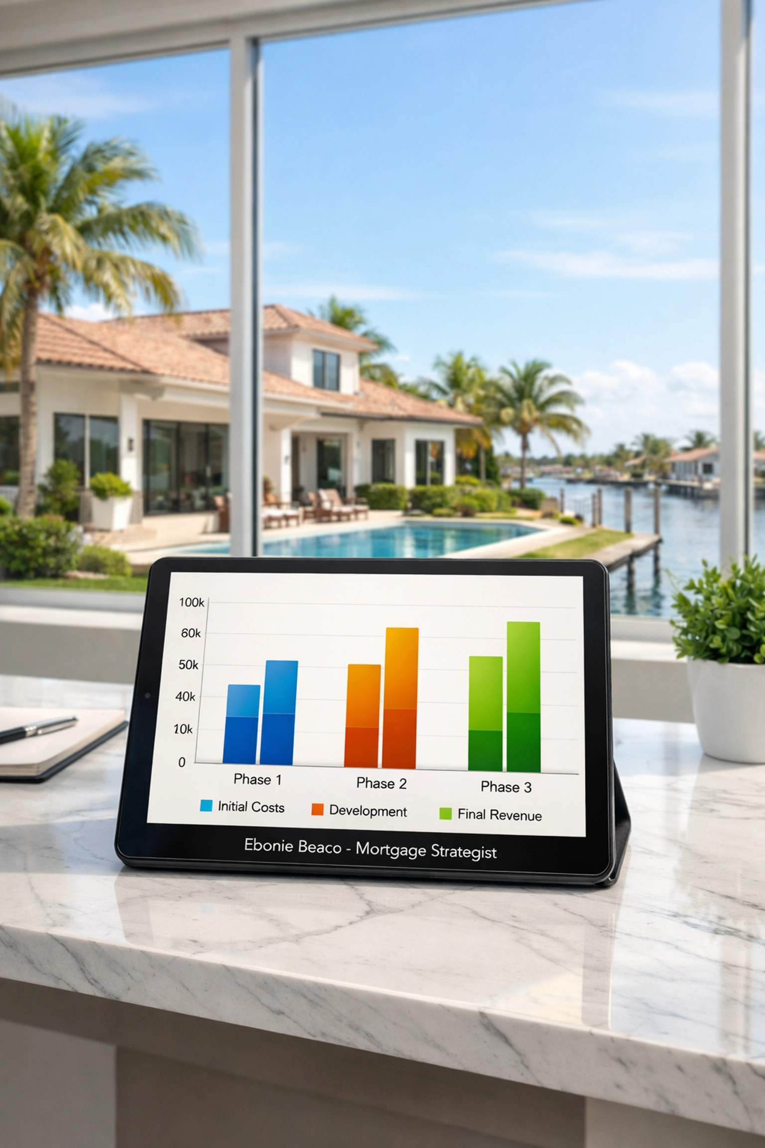 Tablet displaying a financial breakdown for a Florida fix and flip investment and after repair value.