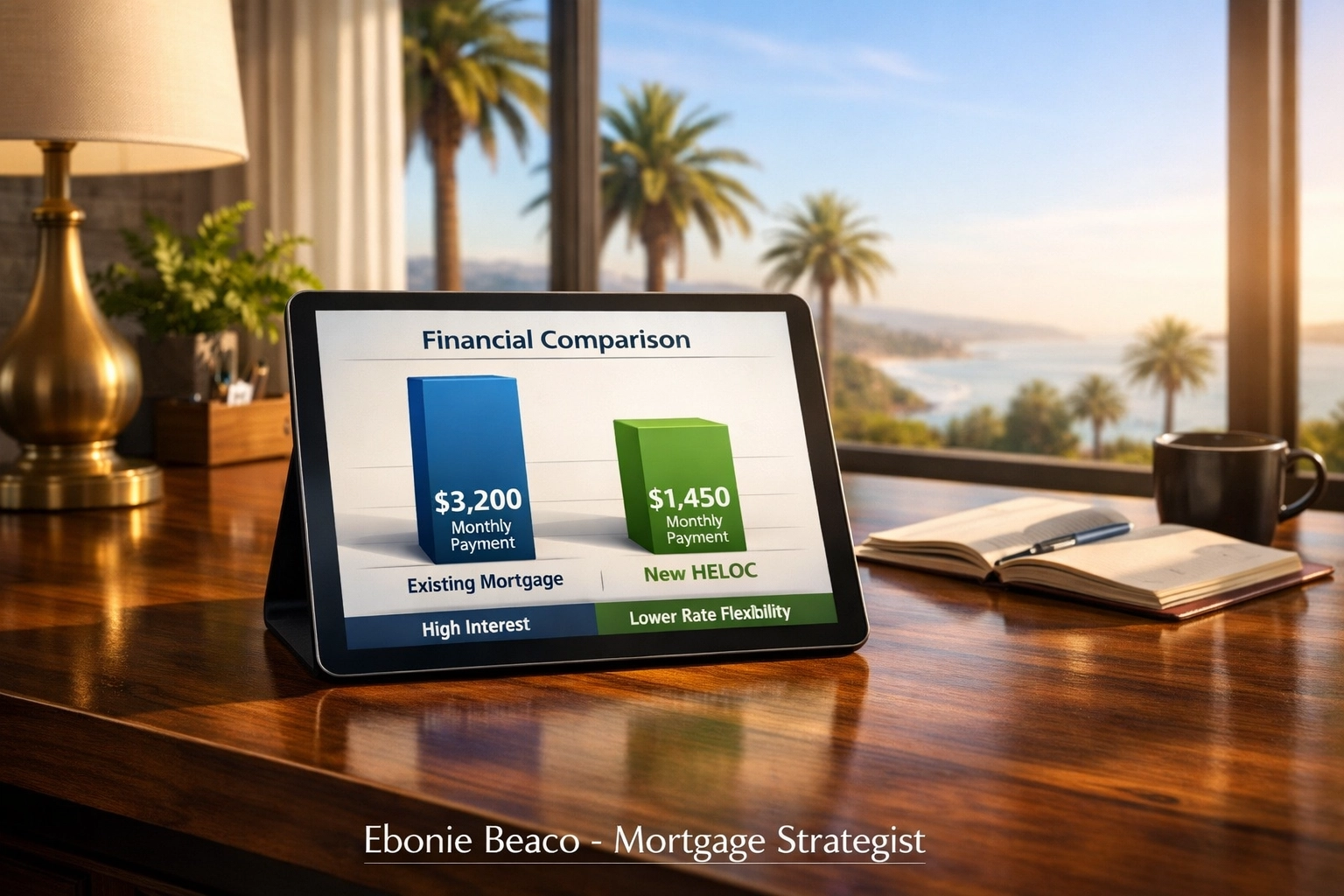 Financial chart on a tablet comparing a primary mortgage to a California HELOC for home equity.