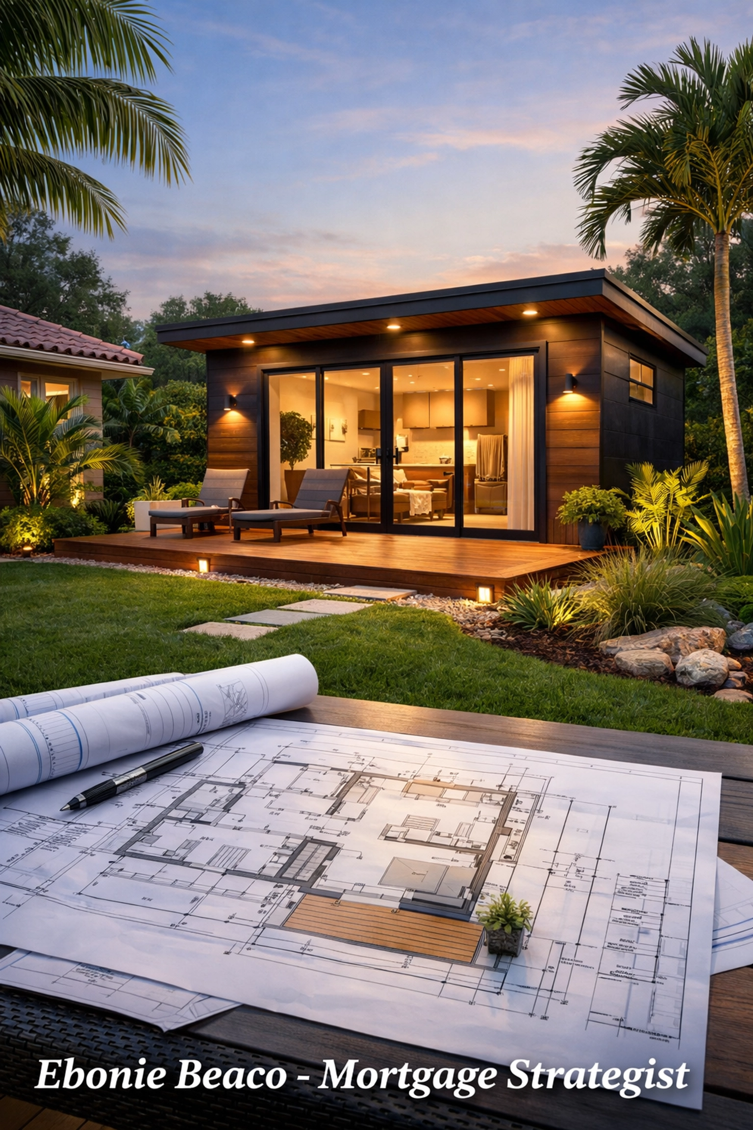 Modern backyard ADU and blueprints illustrating a successful Florida HELOC real estate investment.