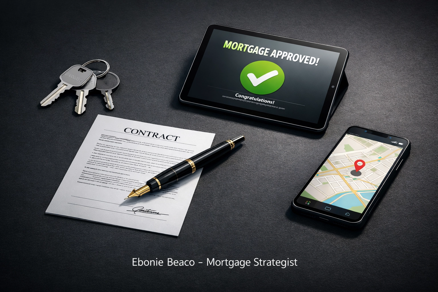 Essential tools for a real estate wholesaling power team featuring contracts, house keys, and investor financing resources.