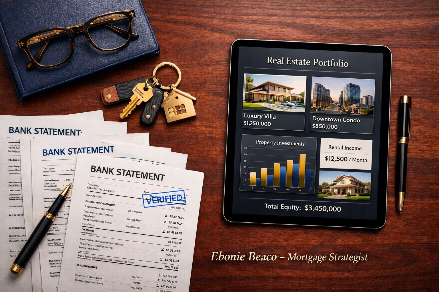 Professional workspace with bank statements used for self-employed California HELOC qualification.