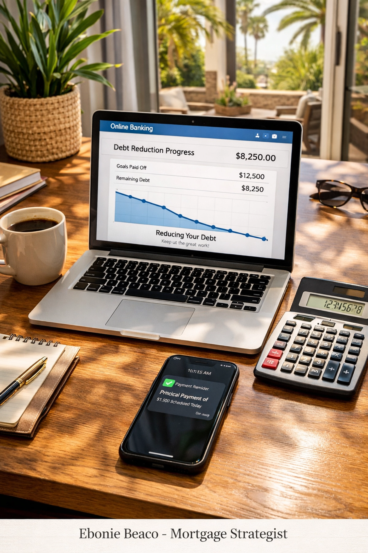 Home office desk with laptop displaying a debt reduction graph for California HELOC interest savings.