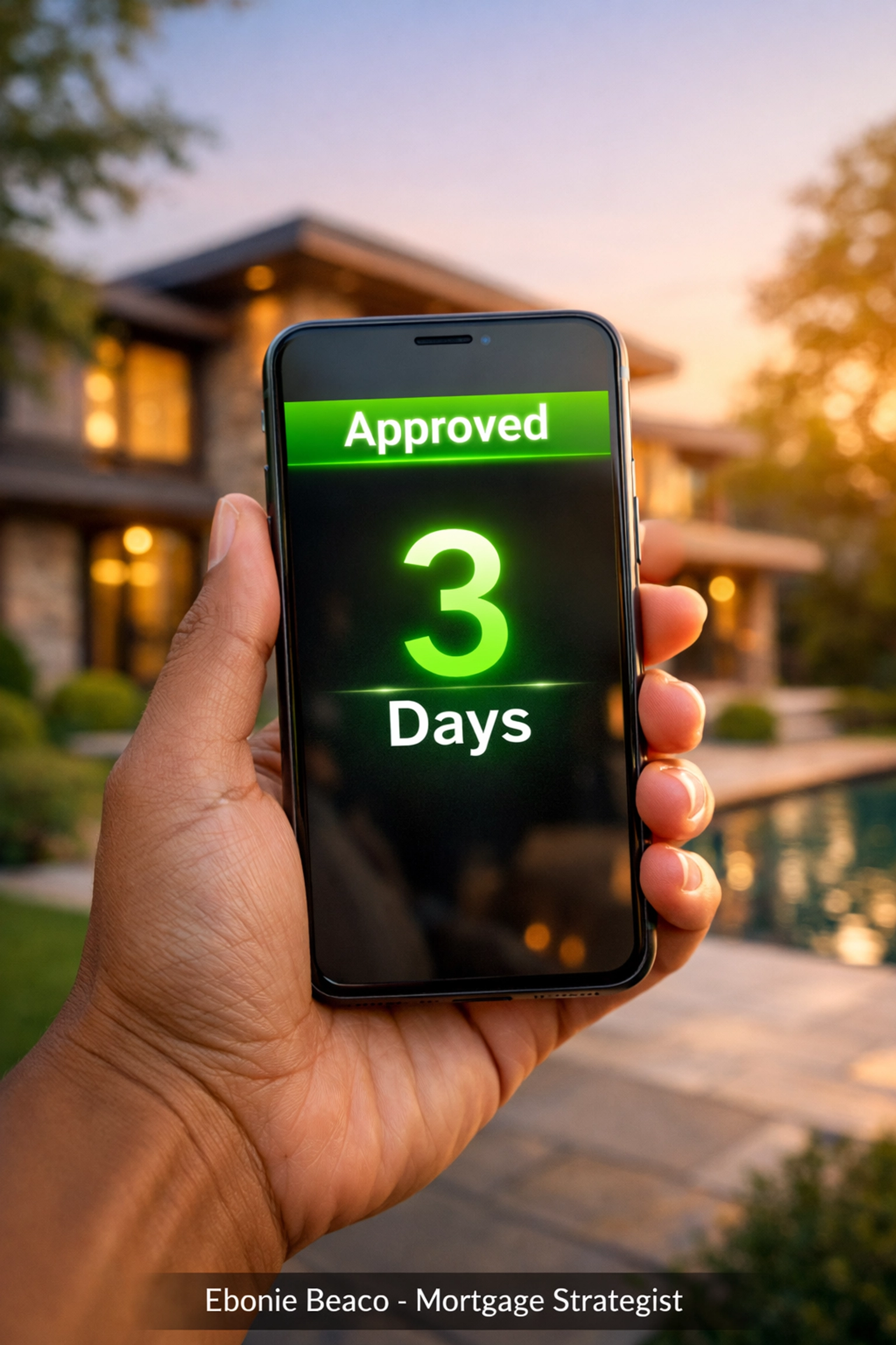 Smartphone showing a 3-day HELOC loan approval notification in front of a residential property.
