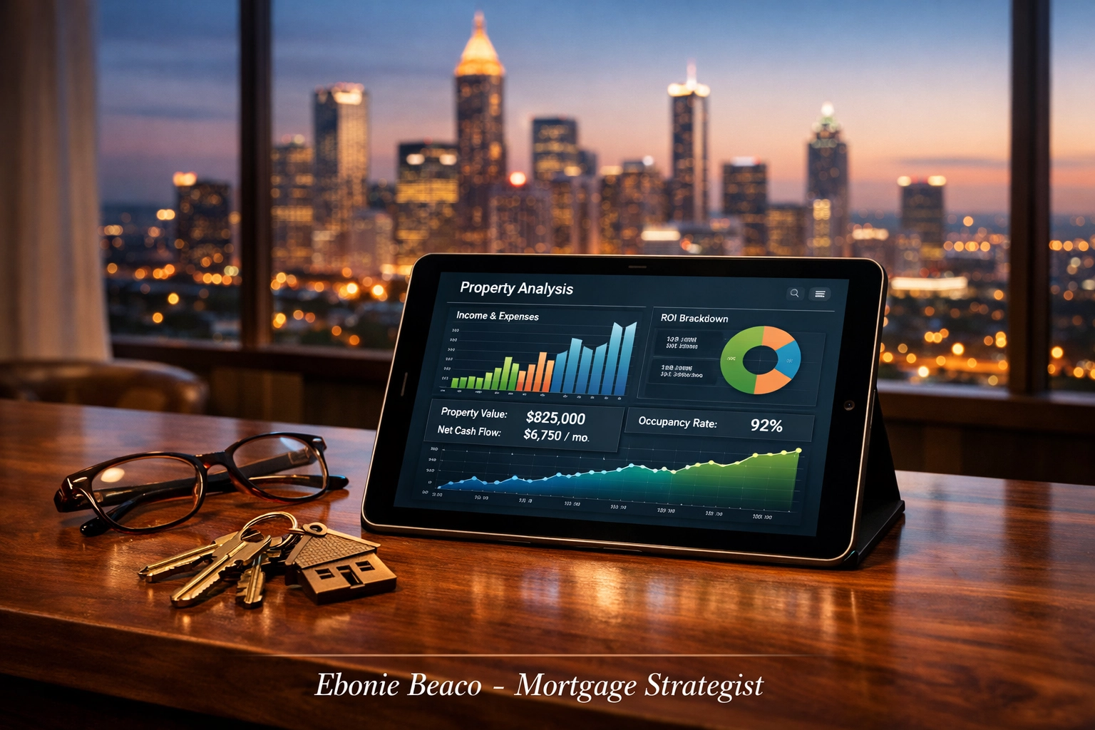 Atlanta investor desk with DSCR rental analysis and keys for off-market property financing