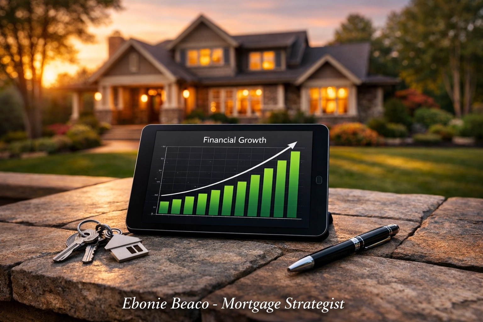Virginia homeowner using a financial growth chart on a tablet to manage home equity and HELOC interest rates.