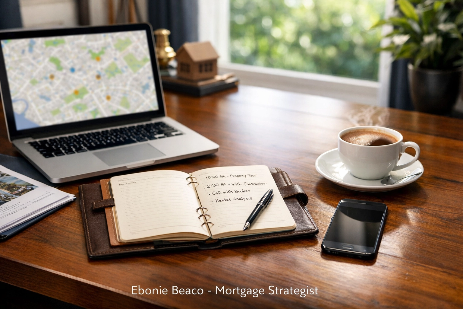 Real estate investor's workspace showing an Atlanta map, planning a buy box for a wholesale deal.