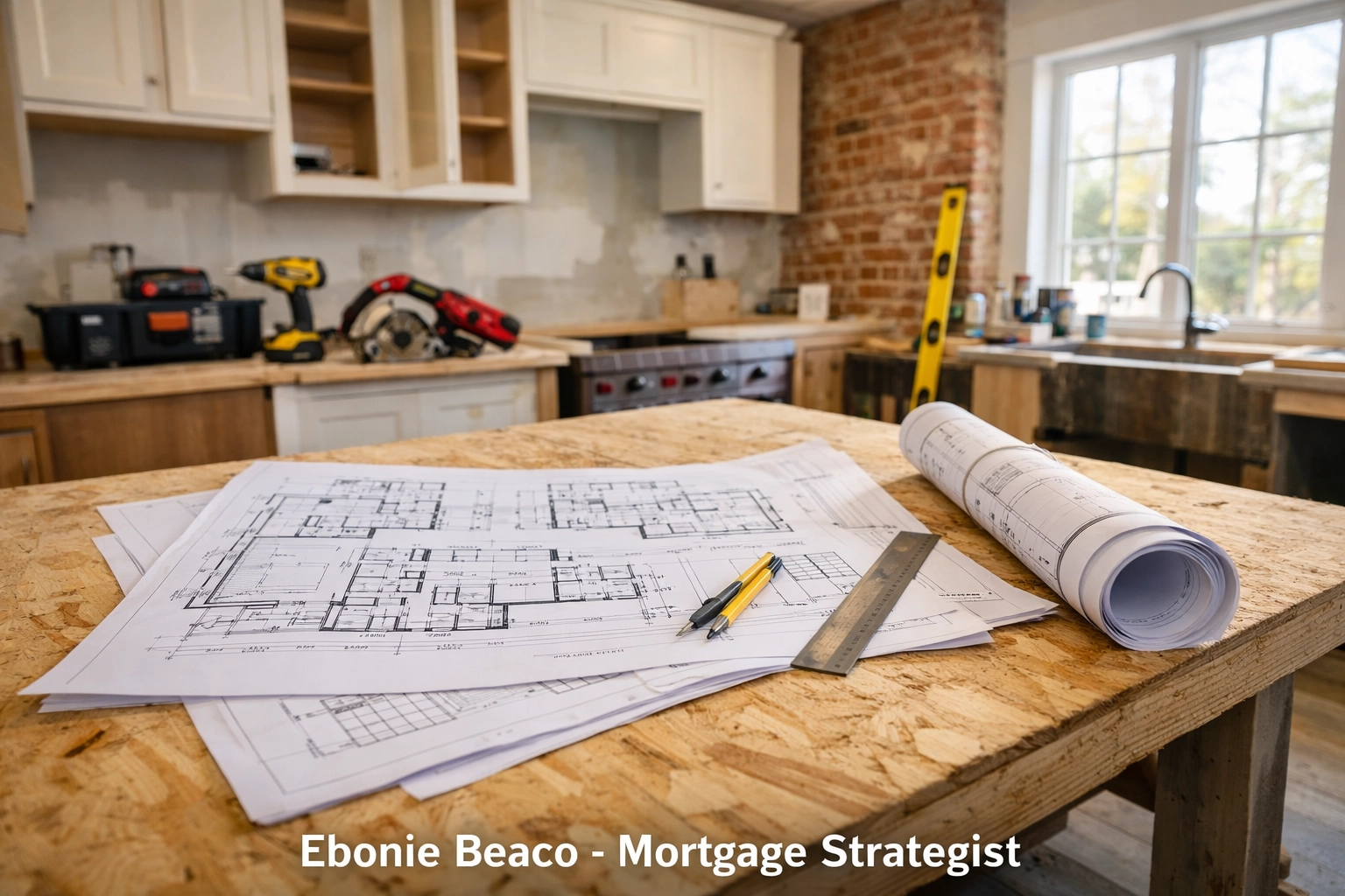 Blueprints and tools in a kitchen renovation, helping an Indiana HELOC lender client plan fixer-upper costs.