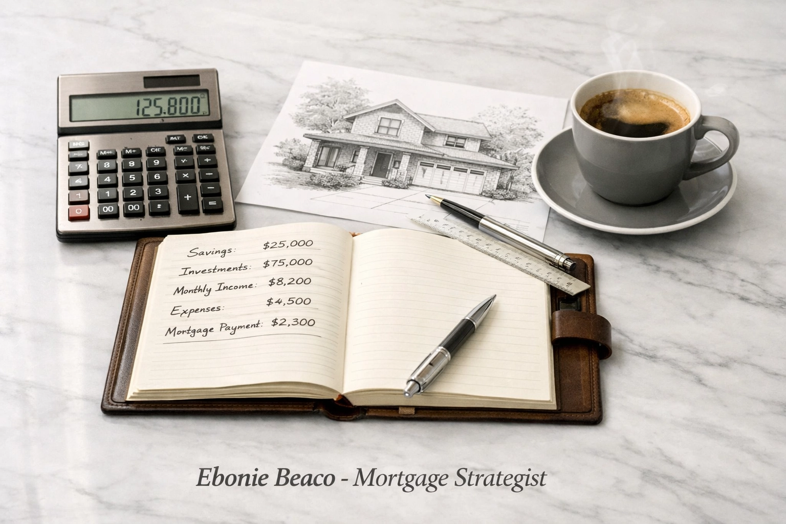 Financial planning tools and architectural sketches used to manage a strategic HELOC draw for home improvements.