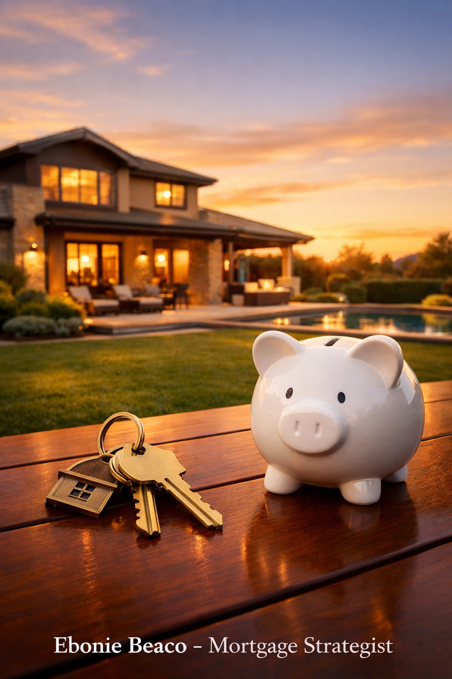 House keys and a piggy bank on a terrace, symbolizing home equity as a valuable asset for smart renovations.