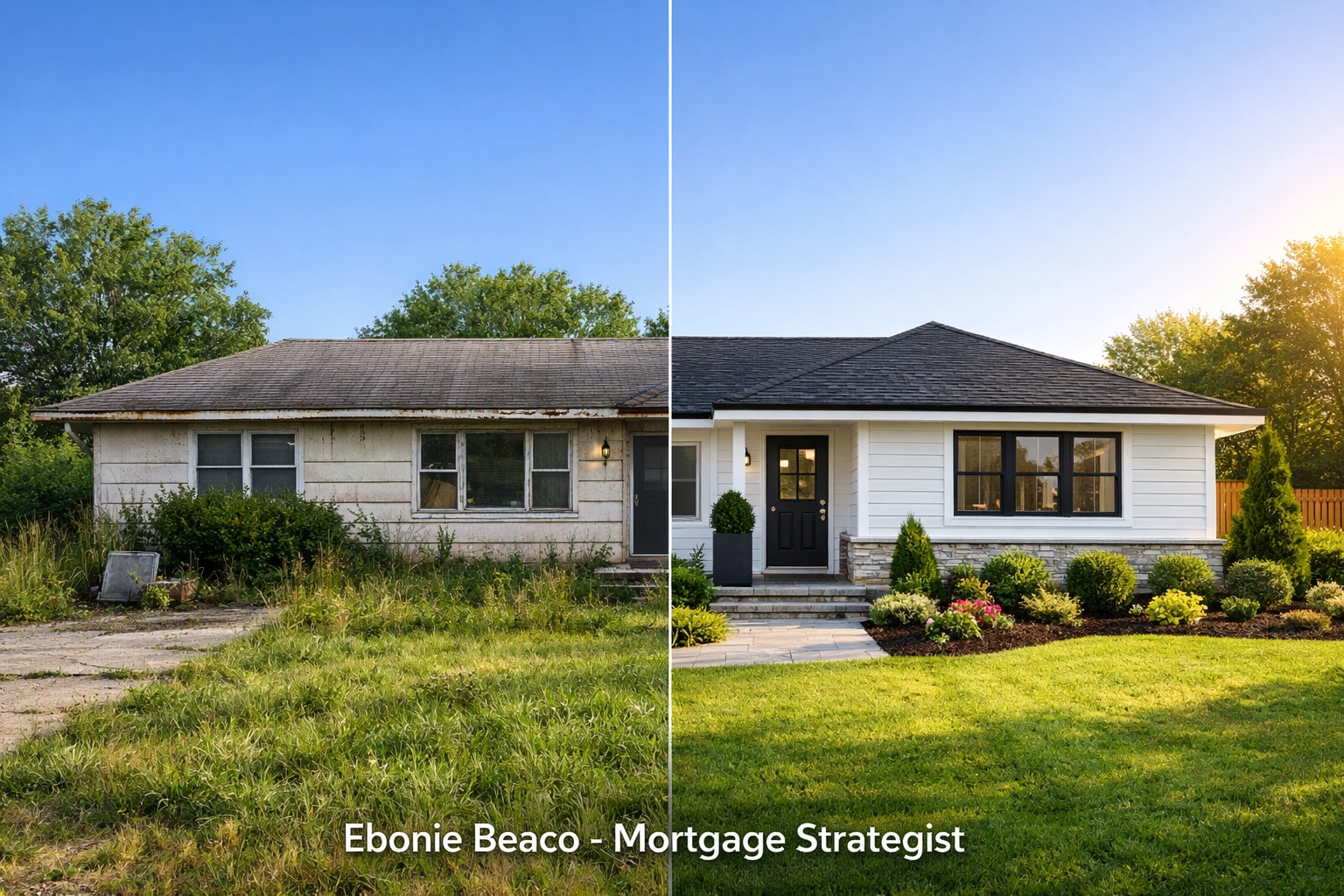 Before and after comparison of a distressed house and a renovated home showing wholesale ARV potential.