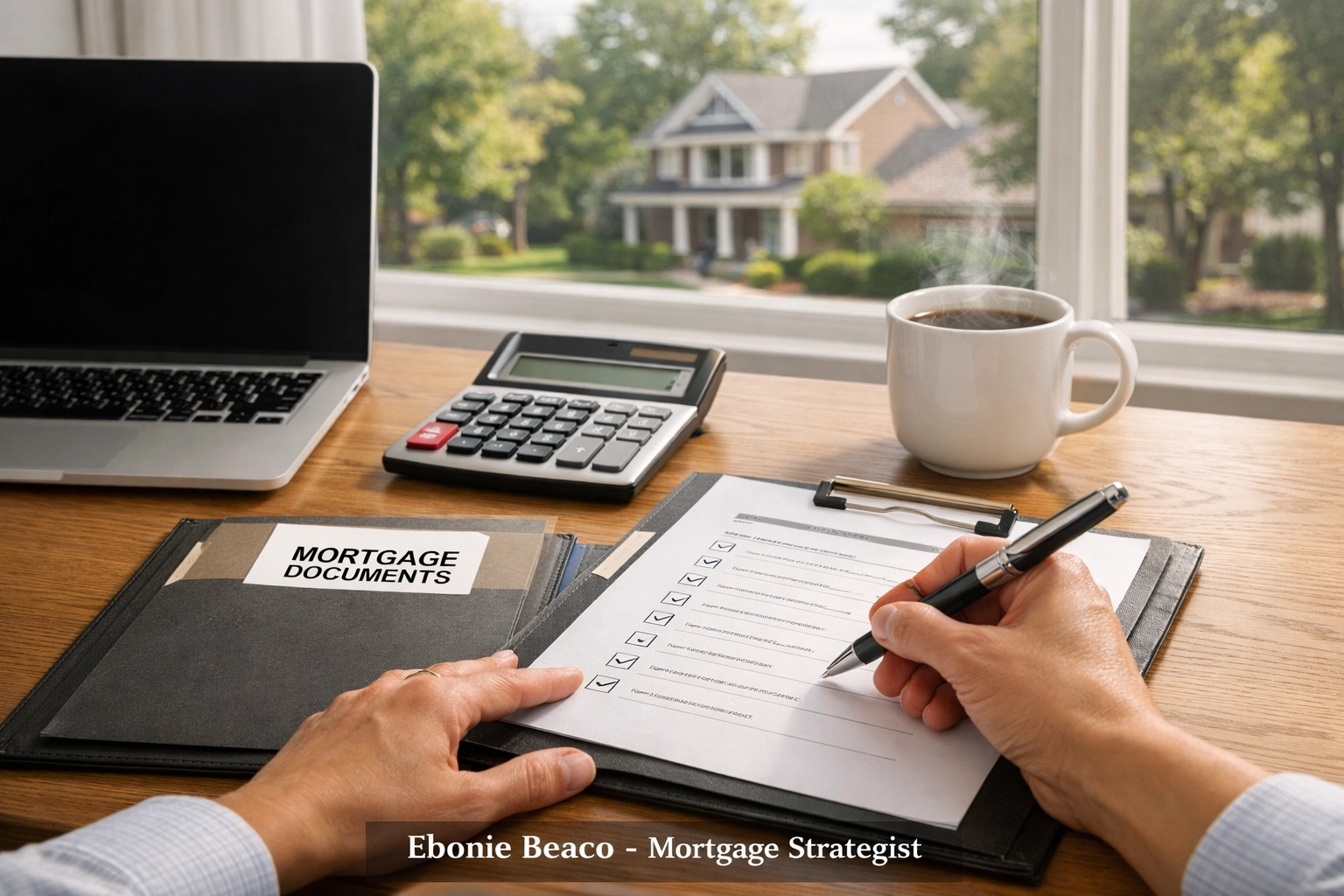 Missouri homeowner reviewing mortgage documents and a debt consolidation checklist in a home office.
