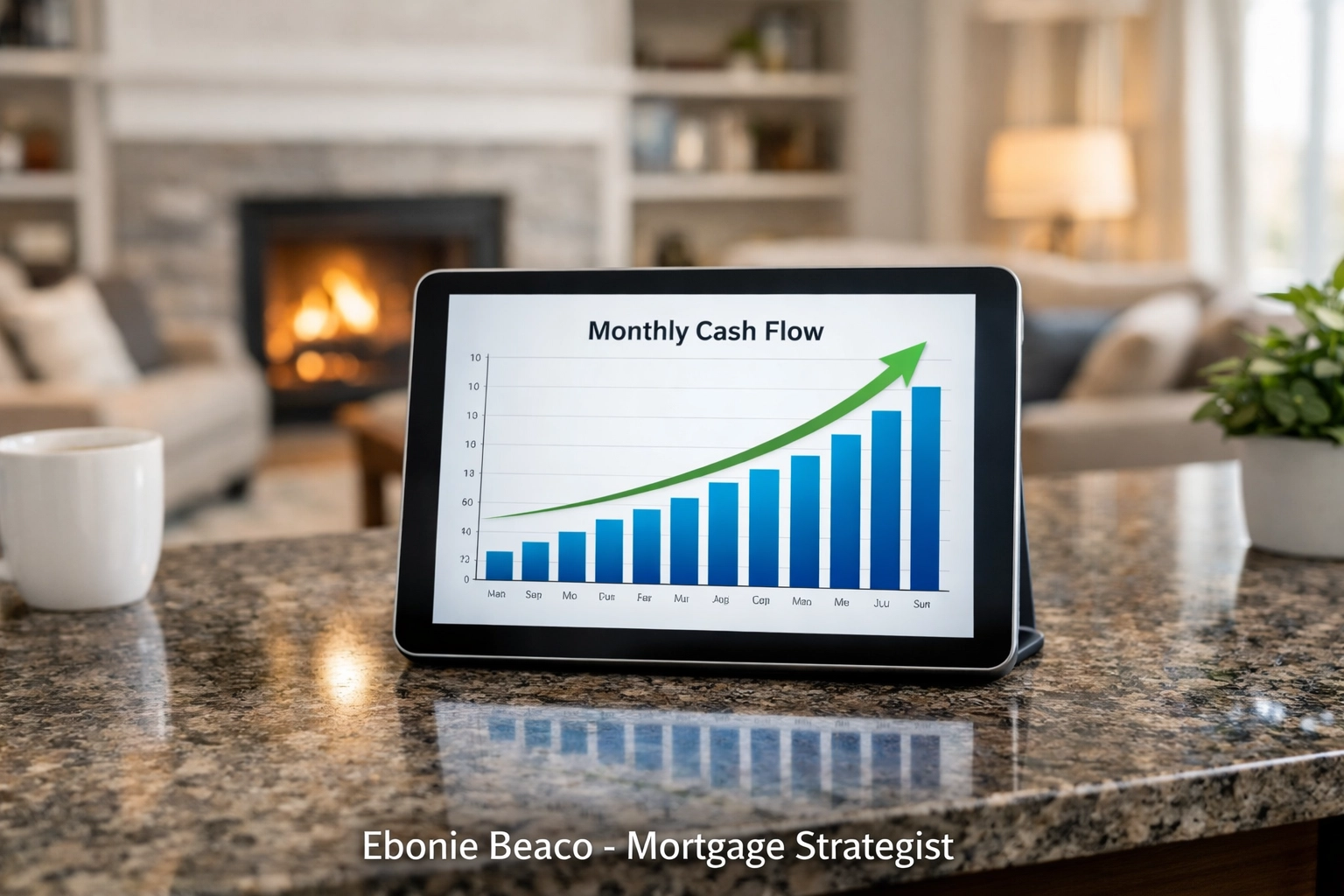 Financial bar chart on a tablet showing increased monthly cash flow from a debt consolidation HELOC.