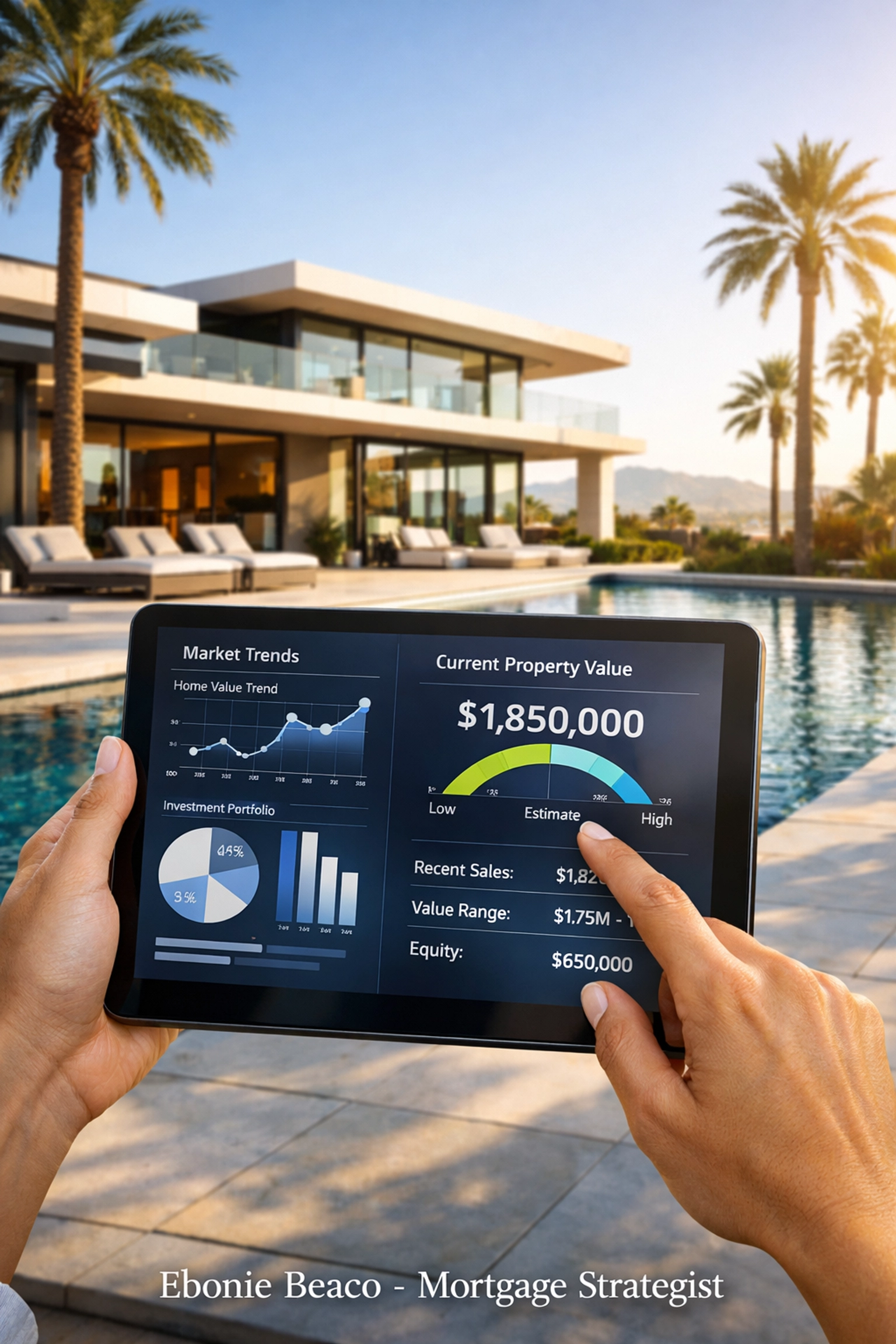 Homeowner reviewing automated property valuation for a California HELOC on a luxury modern home.