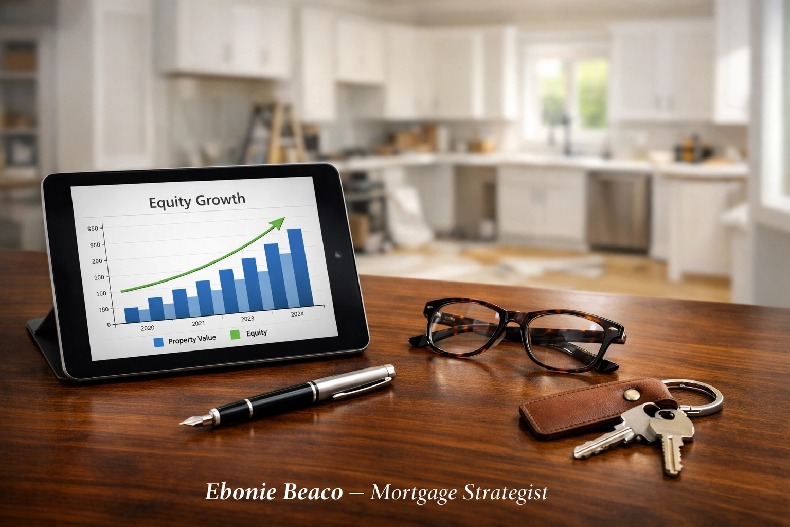 Real estate investor's desk with home equity growth charts and house keys for a fix and flip project.