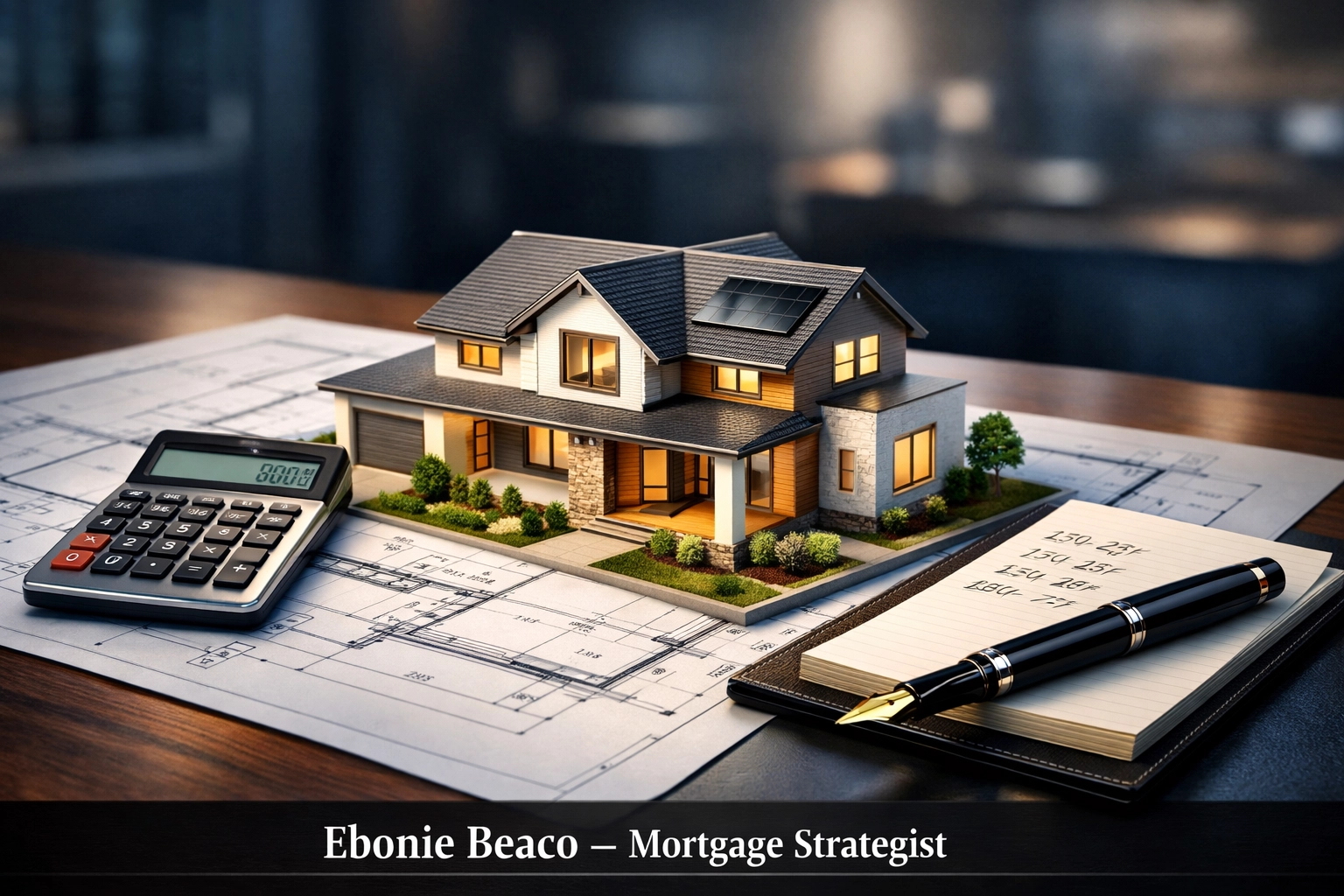 Calculating profit and equity for real estate wholesaling deals using a calculator, blueprints, and a home model.