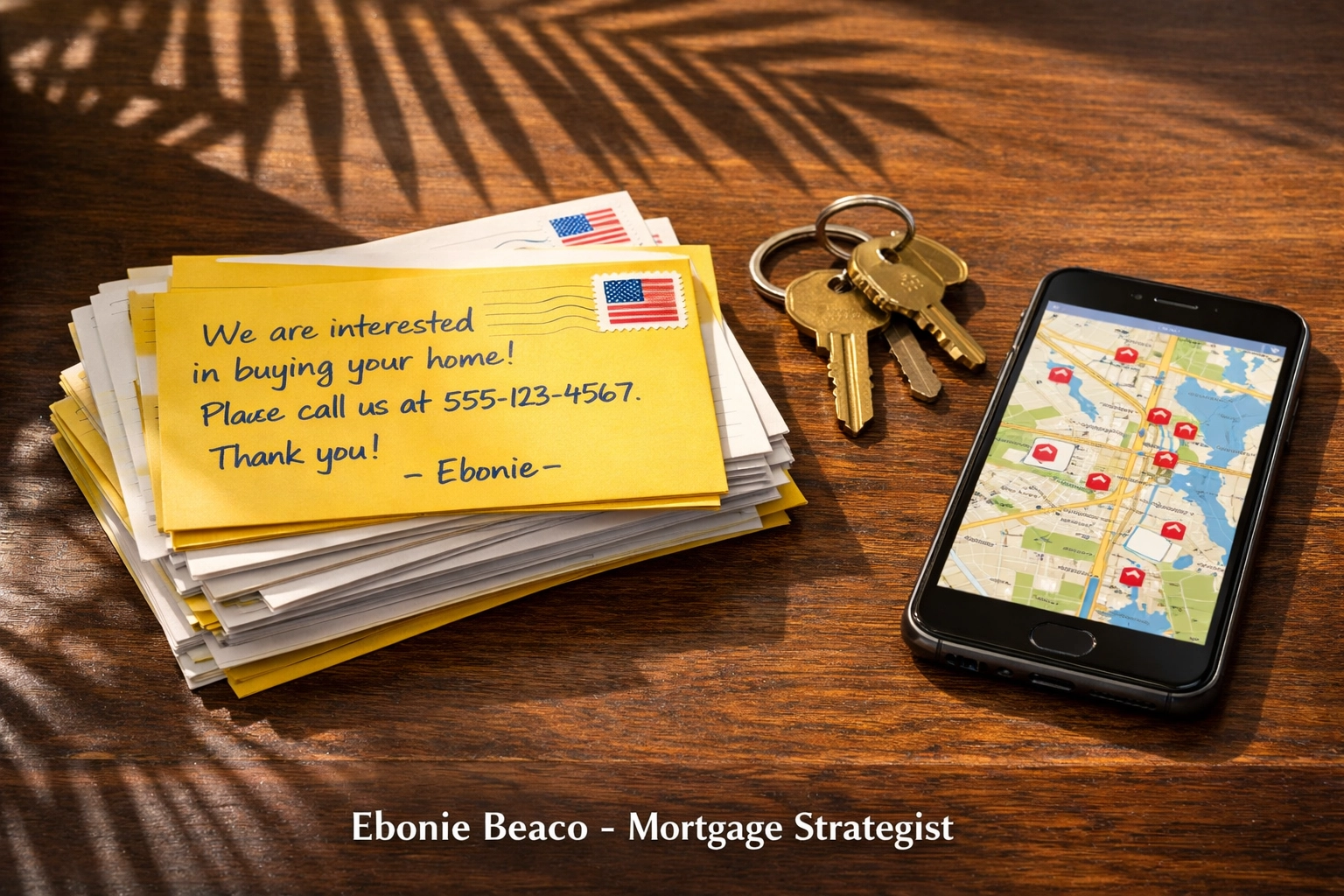 Real estate wholesaling direct mail postcards and house keys on a desk, targeting off-market properties in Florida.