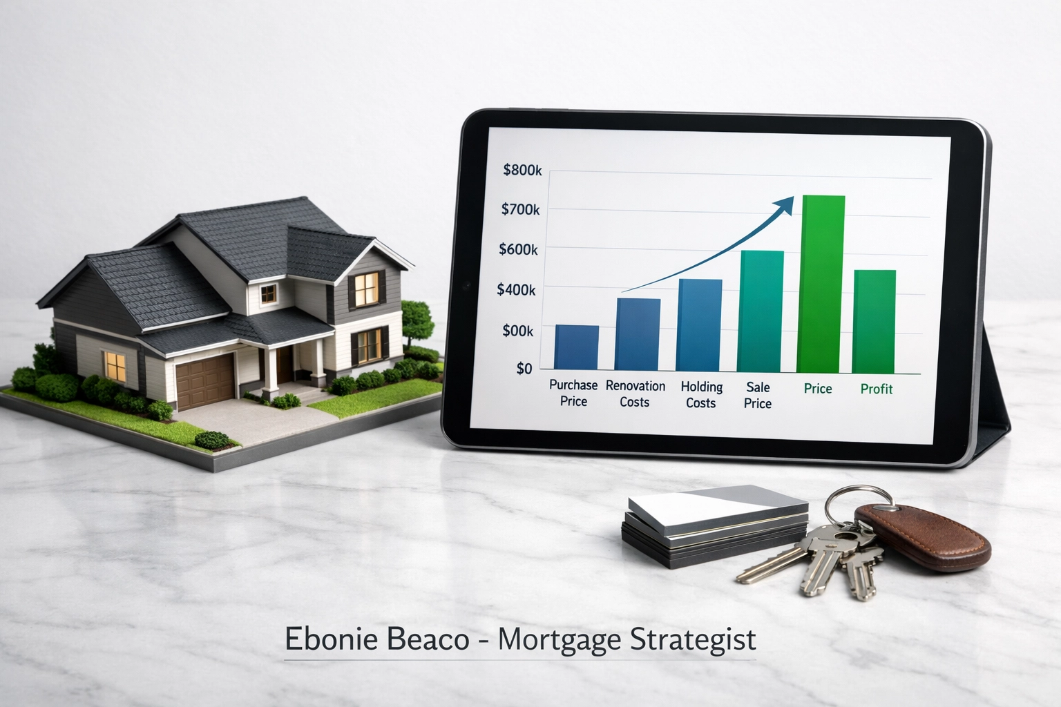 Digital tablet showing a wholesale deal financial breakdown next to a model home and house keys.