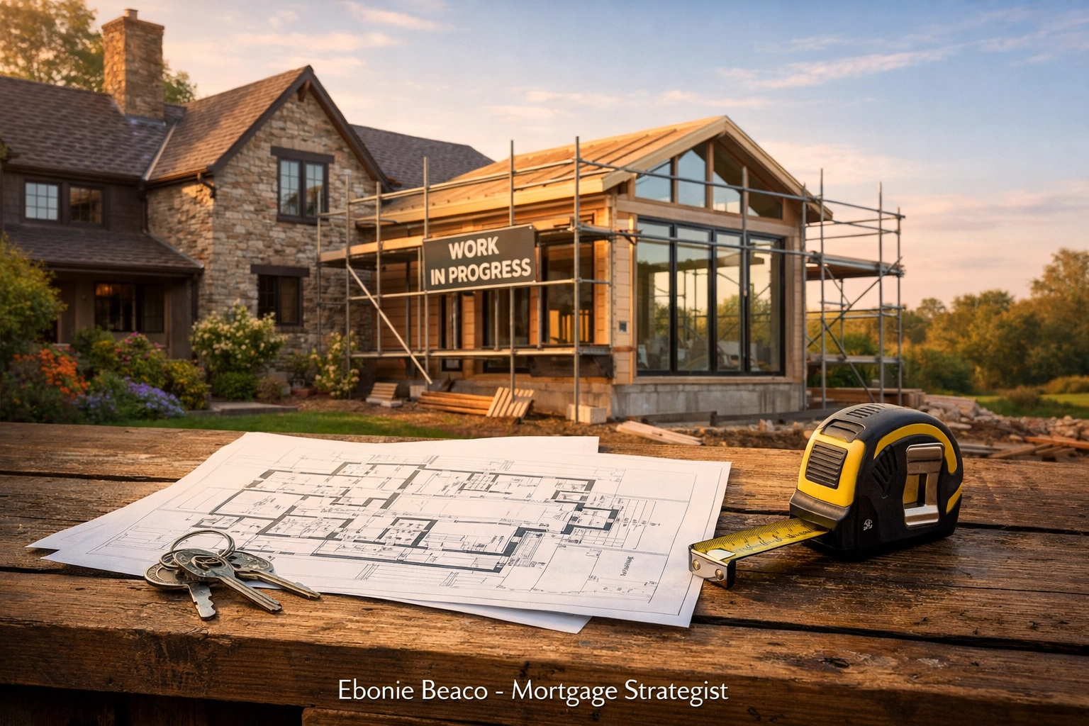 Blueprints and tools in front of a luxury home addition funded by a HELOC equity strategy.