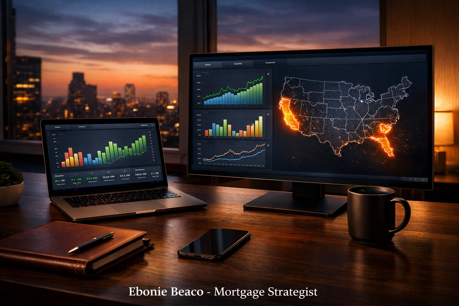 A modern workspace dashboard with growth charts and maps for scaling a real estate wholesale business.