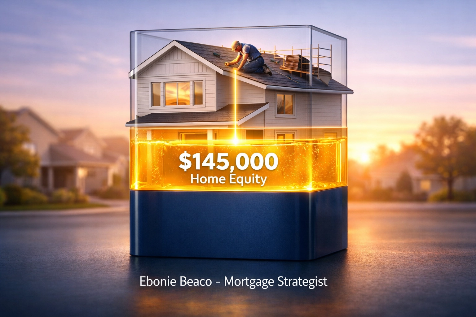 Modern home visual showing how a HELOC allows homeowners to tap into equity for home improvements and roof repairs.