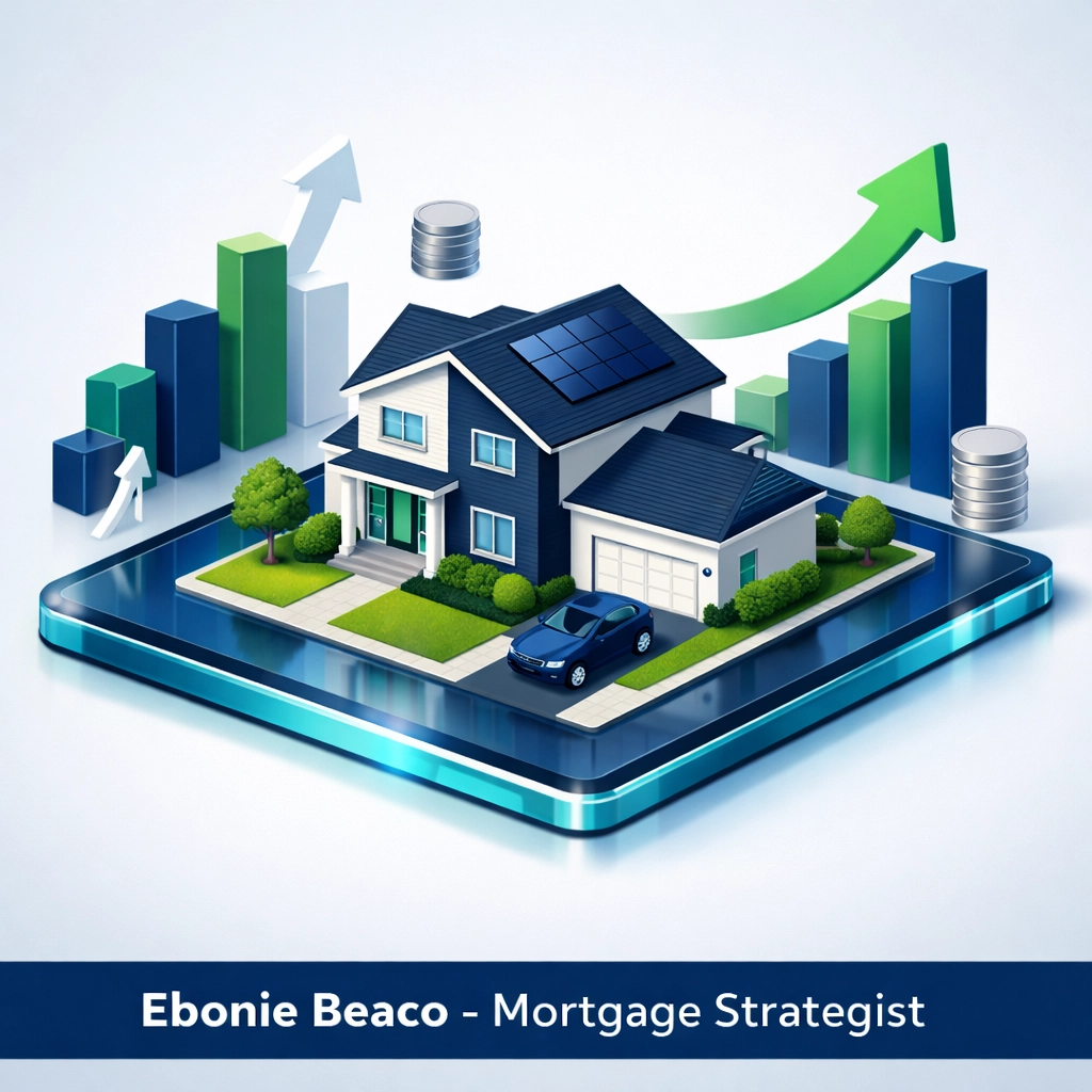 Financial growth charts and suburban home icon depicting real estate equity and investment profit.