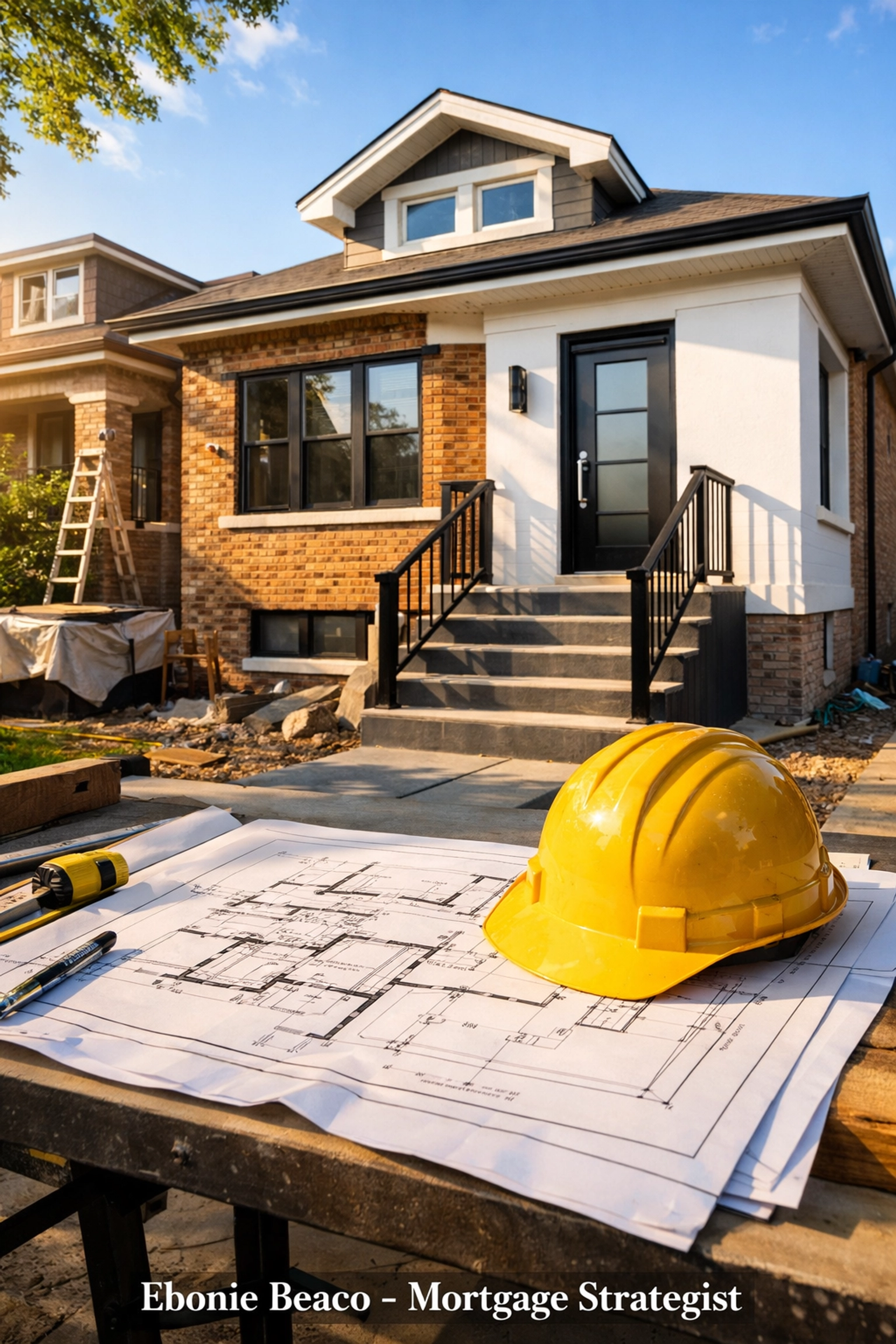 Chicago brick bungalow undergoing high-end renovation with blueprints for fix and flip investment.
