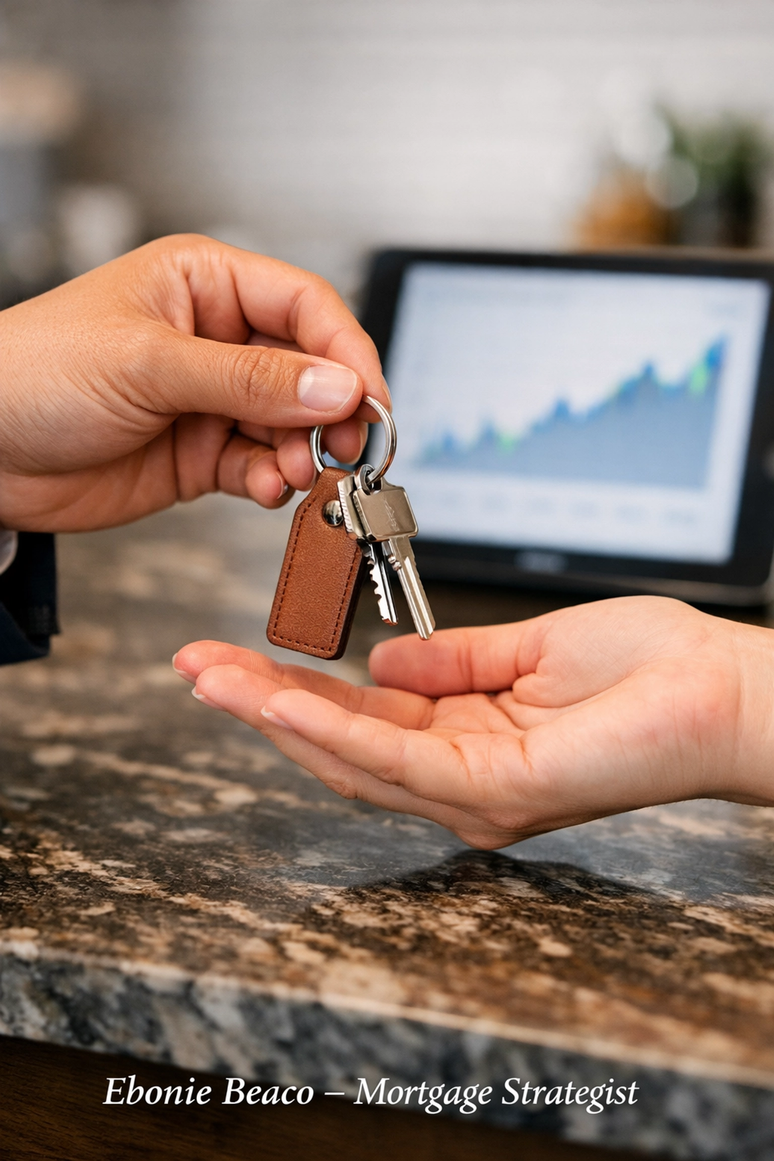 Handing over house keys at a real estate closing to finalize a property wholesale transaction.